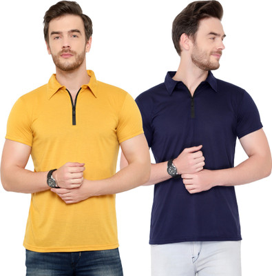 Bribzy Solid Men Polo Neck Dark Blue, Gold T-Shirt