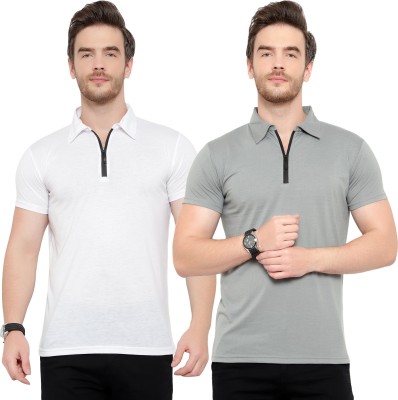 Adorbs Solid Men Polo Neck Silver, White T-Shirt