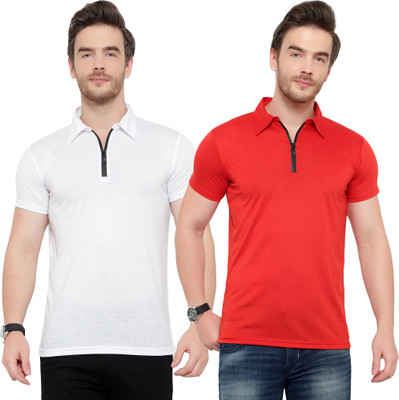 Jangoboy Solid Men Polo Neck Red, White T-Shirt