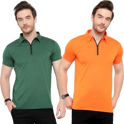 Jaskart Solid Men Polo Neck Dark Green, Orange T-Shirt