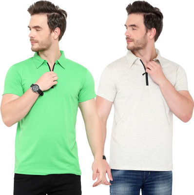Behemoth Solid Men Polo Neck Green, Grey T-Shirt