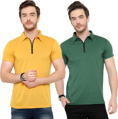 Adorbs Solid Men Polo Neck Dark Green, Yellow T-Shirt
