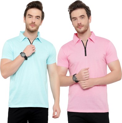 GAGCOBIA Solid Men Polo Neck Blue, Pink T-Shirt