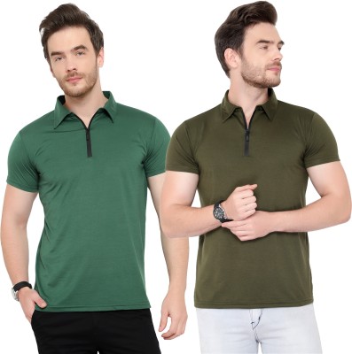 Jaskart Solid Men Polo Neck Dark Green, Green T-Shirt