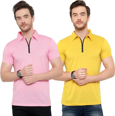 Jaskart Solid Men Polo Neck Pink, Yellow T-Shirt
