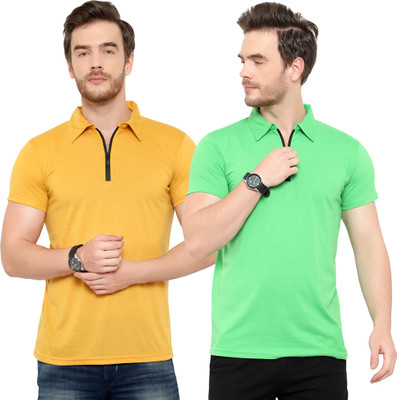 Jangoboy Solid Men Polo Neck Gold, Green T-Shirt