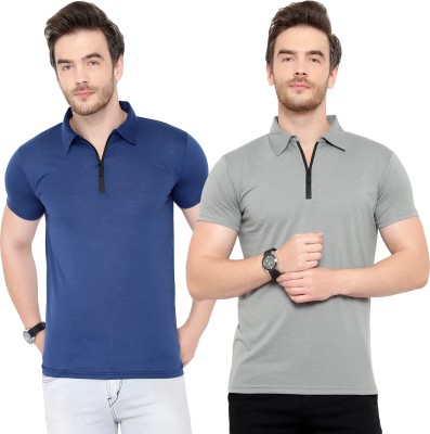 Jangoboy Solid Men Polo Neck Silver, Dark Blue T-Shirt