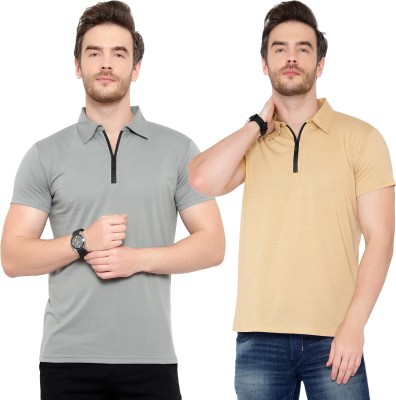 Jangoboy Solid Men Polo Neck Beige, Grey T-Shirt