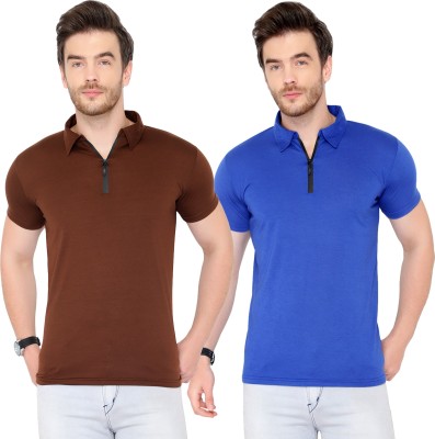 Bribzy Solid Men Polo Neck Brown, Blue T-Shirt