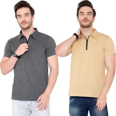 Jaskart Solid Men Polo Neck Grey, Beige T-Shirt