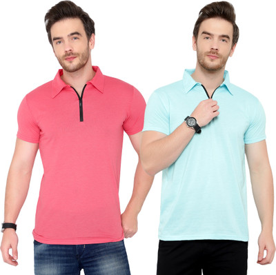 Tivy Solid Men Polo Neck Blue, Pink T-Shirt