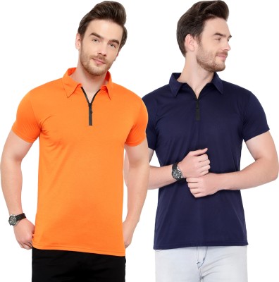 Tivy Solid Men Polo Neck Dark Blue, Orange T-Shirt