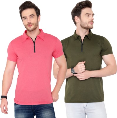 Jaskart Solid Men Polo Neck Green, Pink T-Shirt