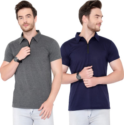 Moordale Solid Men Polo Neck Dark Blue, Grey T-Shirt