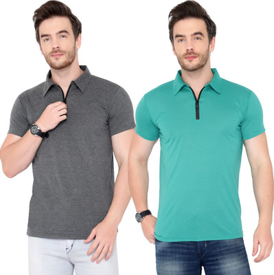 Adorbs Solid Men Polo Neck Grey, Light Green T-Shirt