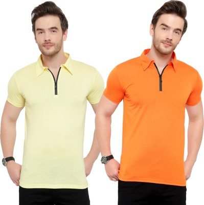 Tivy Solid Men Polo Neck Orange, Yellow T-Shirt