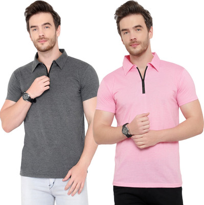 Behemoth Solid Men Polo Neck Pink, Grey T-Shirt