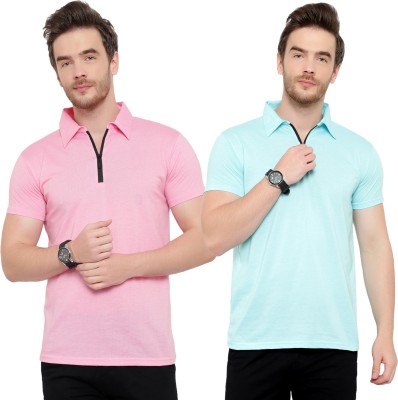 Adorbs Solid Men Polo Neck Light Blue, Pink T-Shirt