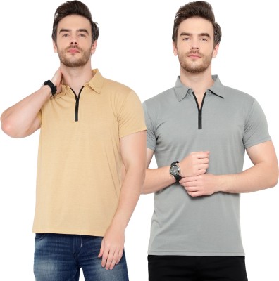 Adorbs Solid Men Polo Neck Silver, Beige T-Shirt