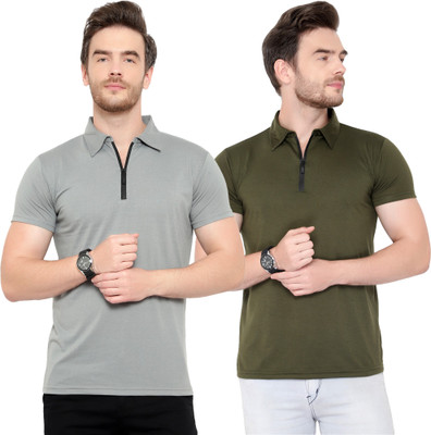 Jangoboy Solid Men Polo Neck Silver, Green T-Shirt