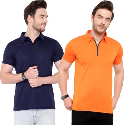 Unite Wear Solid Men Polo Neck Dark Blue, Orange T-Shirt