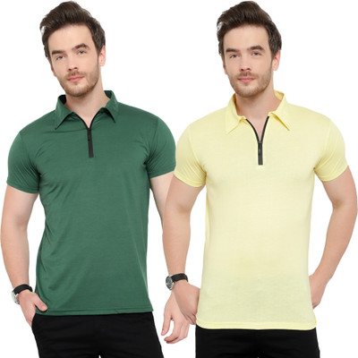 Unite Wear Solid Men Polo Neck Dark Green, Yellow T-Shirt
