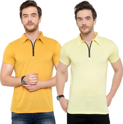 Adorbs Solid Men Polo Neck Gold, Yellow T-Shirt