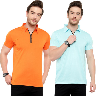 Adorbs Solid Men Polo Neck Blue, Orange T-Shirt