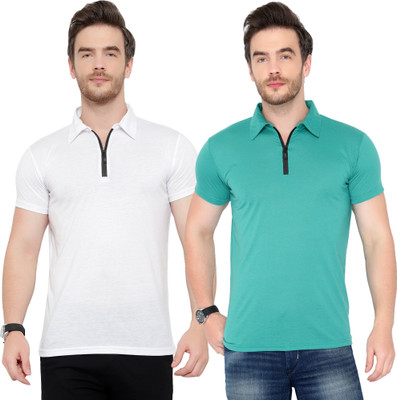 Jangoboy Solid Men Polo Neck White, Light Green T-Shirt