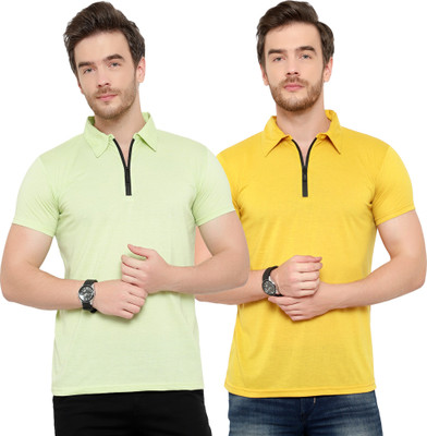 Jaskart Solid Men Polo Neck Green, Yellow T-Shirt