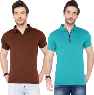 Unite Wear Solid Men Polo Neck Light Blue, Brown T-Shirt