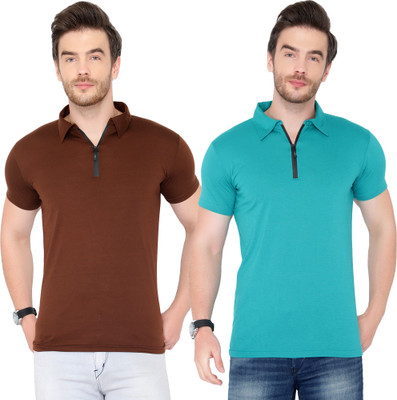Jaskart Solid Men Polo Neck Light Blue, Brown T-Shirt