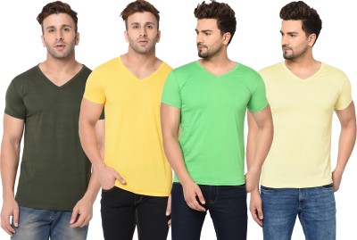 Unite Wear Solid Men V Neck Green, Yellow T-Shirt