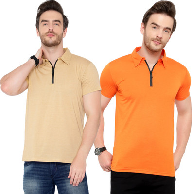 Moordale Solid Men Polo Neck Orange, Beige T-Shirt