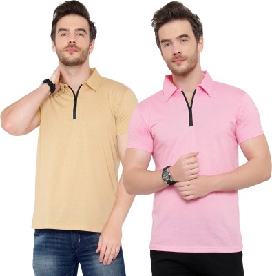 Jaskart Solid Men Polo Neck Pink, Beige T-Shirt