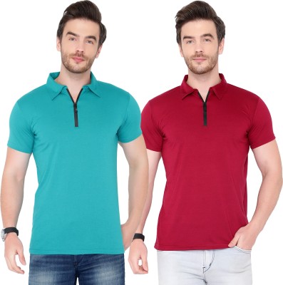 Behemoth Solid Men Polo Neck Green, Maroon T-Shirt