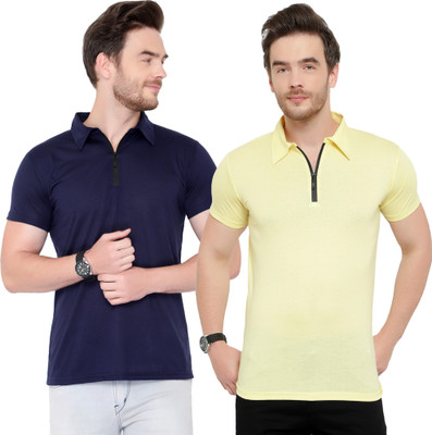 Moordale Solid Men Polo Neck Dark Blue, Yellow T-Shirt