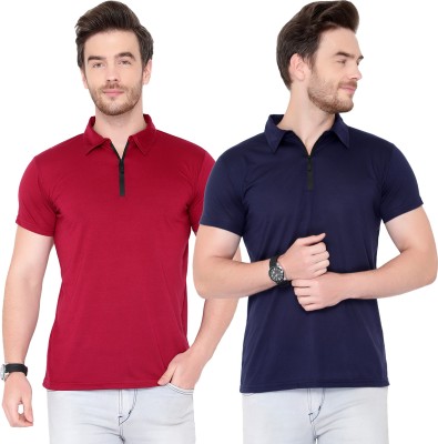 Unite Wear Solid Men Polo Neck Dark Blue, Maroon T-Shirt