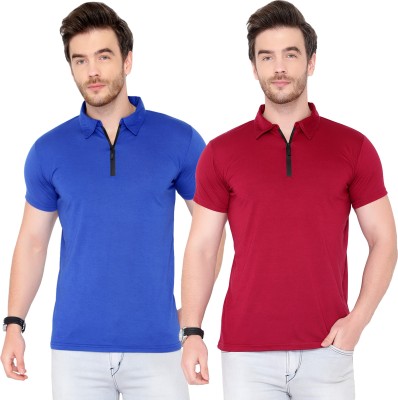 Tivy Solid Men Polo Neck Blue, Maroon T-Shirt