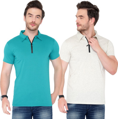 Behemoth Solid Men Polo Neck Green, Grey T-Shirt