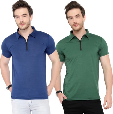 Jaskart Solid Men Polo Neck Dark Blue, Dark Green T-Shirt