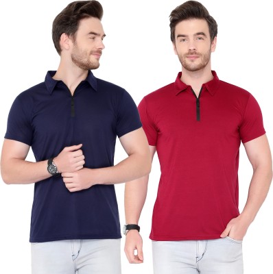 Jangoboy Solid Men Polo Neck Dark Blue, Maroon T-Shirt