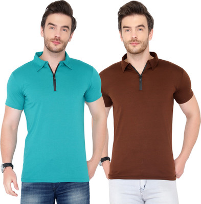 Behemoth Solid Men Polo Neck Light Blue, Brown T-Shirt