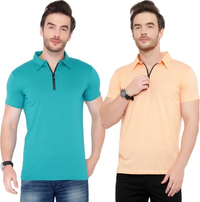 Bribzy Solid Men Polo Neck Light Blue, Orange T-Shirt