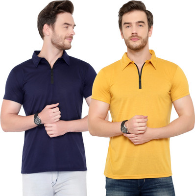 Jangoboy Solid Men Polo Neck Dark Blue, Yellow T-Shirt