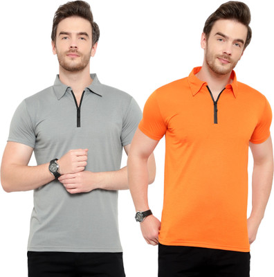 Behemoth Solid Men Polo Neck Silver, Orange T-Shirt