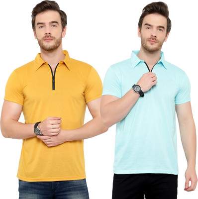Jangoboy Solid Men Polo Neck Blue, Yellow T-Shirt