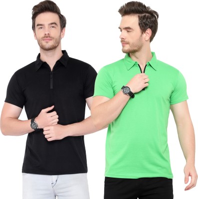 Bribzy Solid Men Polo Neck Green, Black T-Shirt