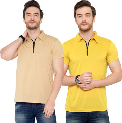 Tivy Solid Men Polo Neck Beige, Yellow T-Shirt
