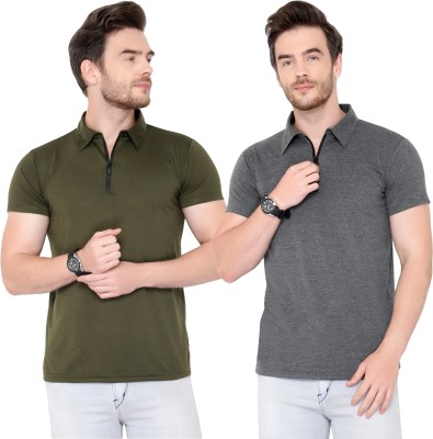 Jaskart Solid Men Polo Neck Green, Grey T-Shirt